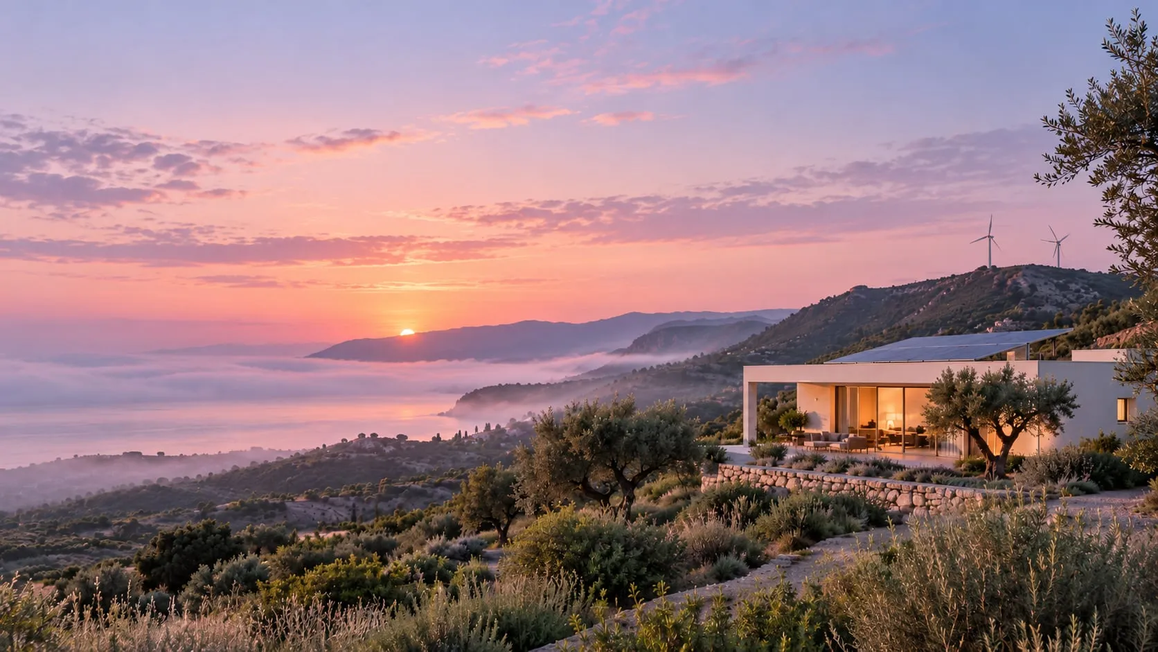 La casa bianca con i pannelli sul tetto all’alba, con la nebbia sul mare e le pale eoliche sul crinale