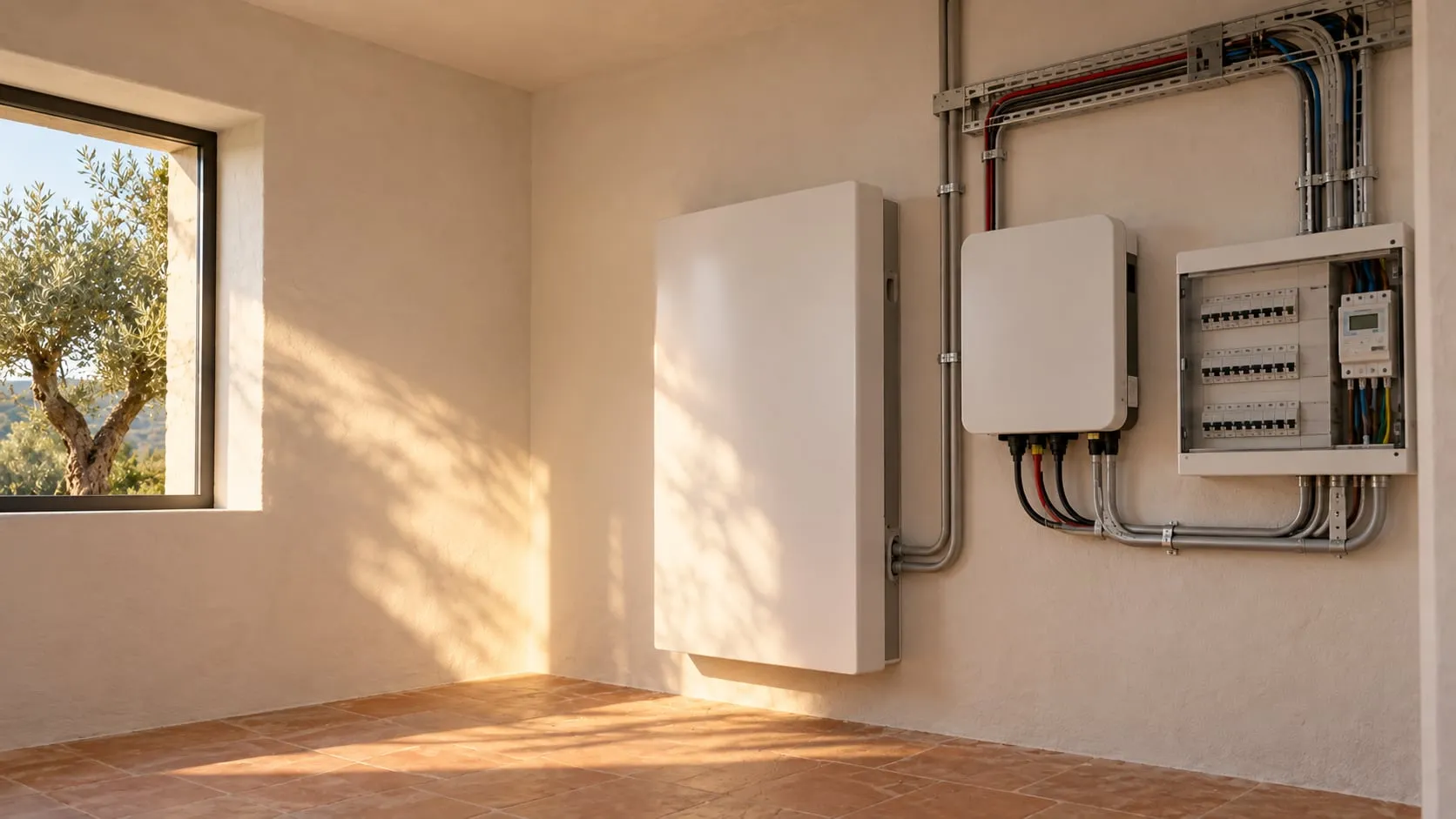 Il locale tecnico della casa: una batteria Tesla Powerwall a parete accanto all’inverter e al quadro elettrico con il misuratore, nella luce del pomeriggio