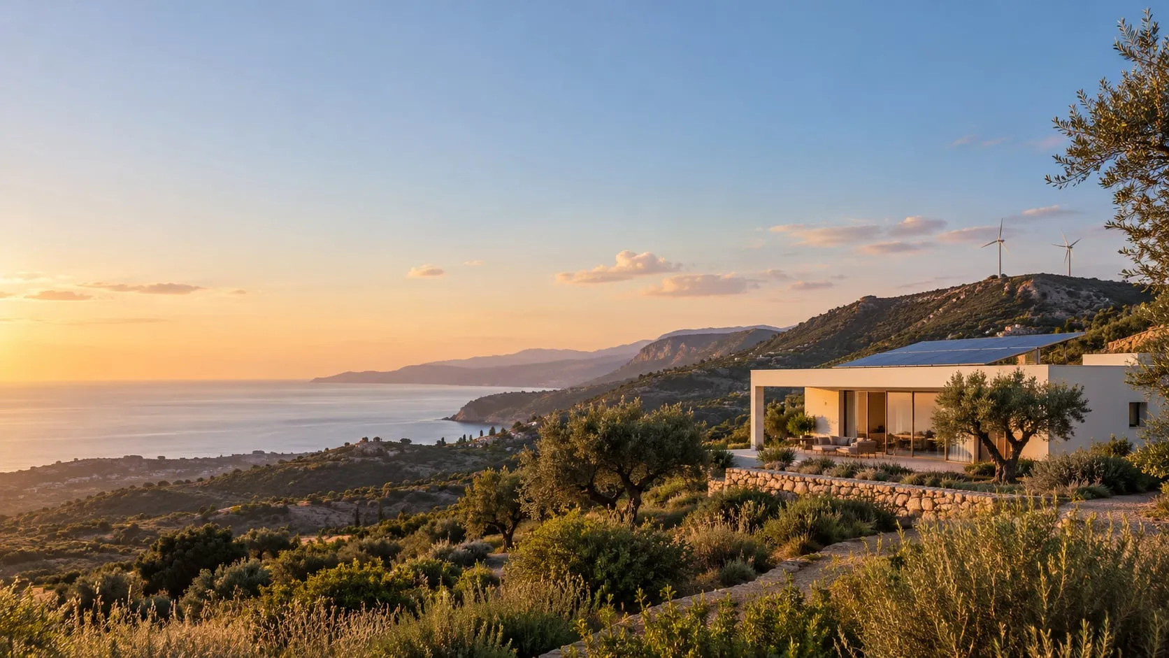La stessa casa al tramonto, con la luce calda sulle pareti e il mare dorato