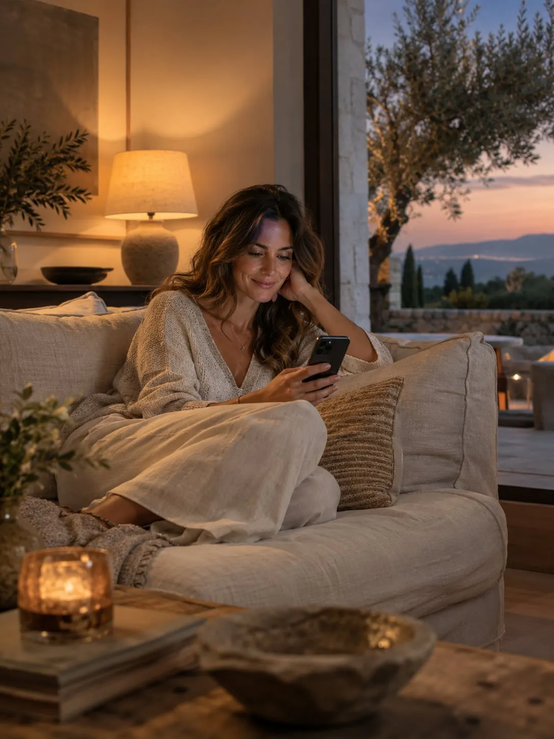 Una donna sul divano, la sera, guarda il telefono sorridendo, con una lampada accesa e un ulivo fuori dalla finestra