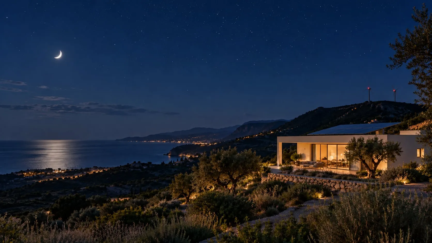 La stessa casa di notte, illuminata da dentro, con la luna sul mare e le luci rosse delle pale