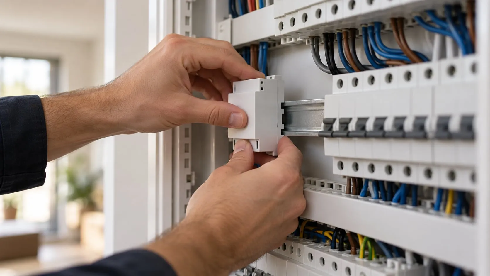 Le mani di un elettricista agganciano un piccolo misuratore bianco al quadro elettrico di casa