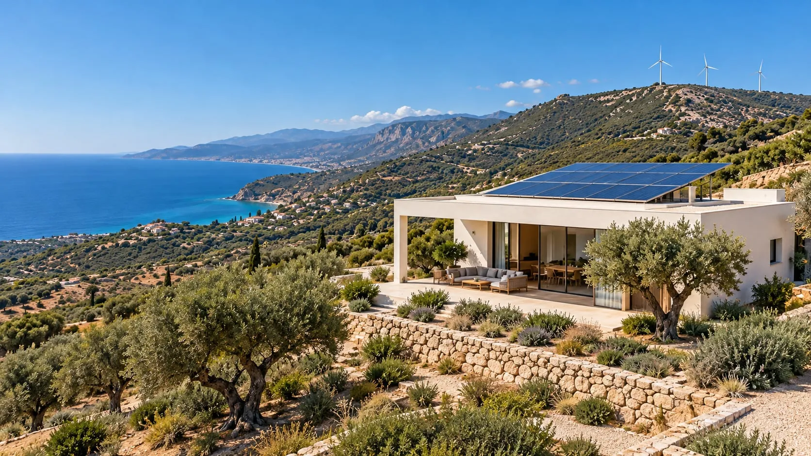 La casa di Casa Rossi vista dall’alto a mezzogiorno, con i pannelli sul tetto, gli ulivi e il mare